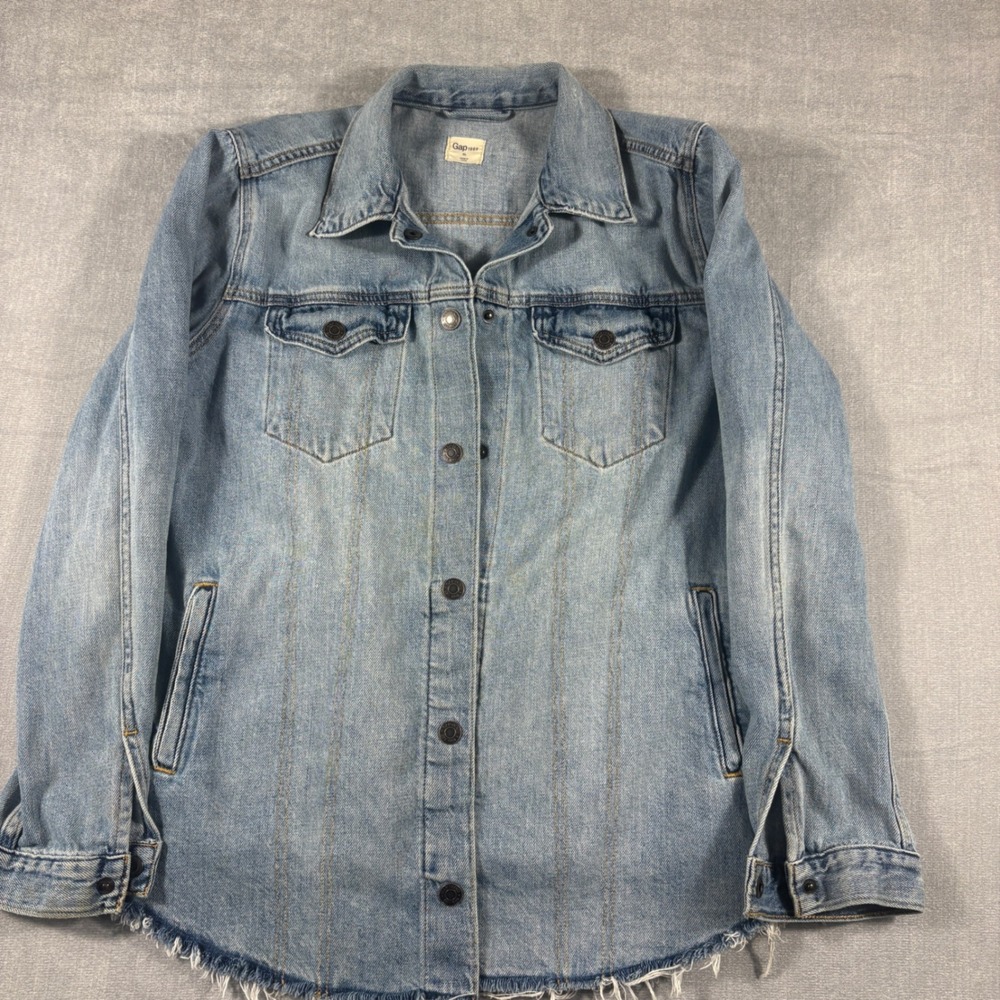 Gap 1969 Womens XL Light Wash Denim Jacket Frayed Hem Button Front Shirt Jacket